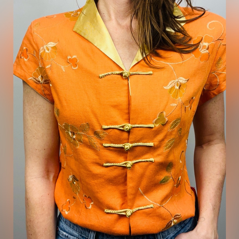 Chinese-Inspired Orange Embroidered Blouse – (Fits Like L)